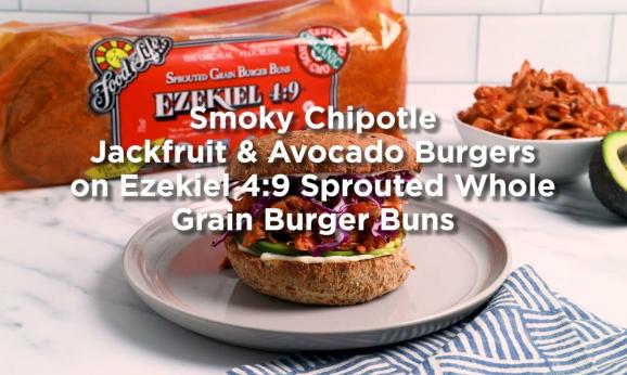 Embedded thumbnail for Smoky Chipotle Jackfruit &amp;amp; Avocado Burgers on Ezekiel 4:9 Sprouted Whole Grain Burger Buns